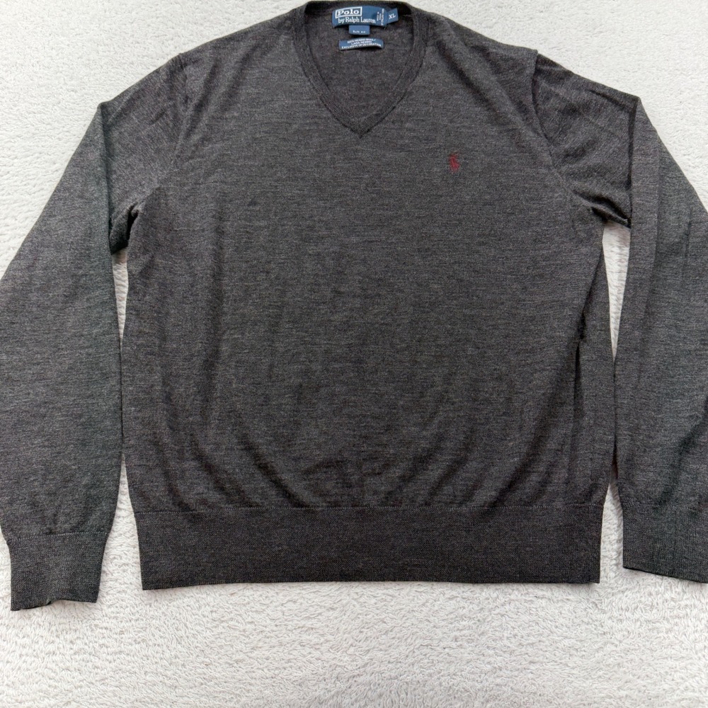 Polo Ralph Lauren Mens V Neck Sweater Dark Gray Merino Wool Slim‎ Fit XL